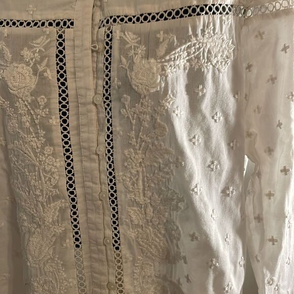Small Loft white button down long sleeve 100% cotton floral embroidered blouse - Picture 6 of 16
